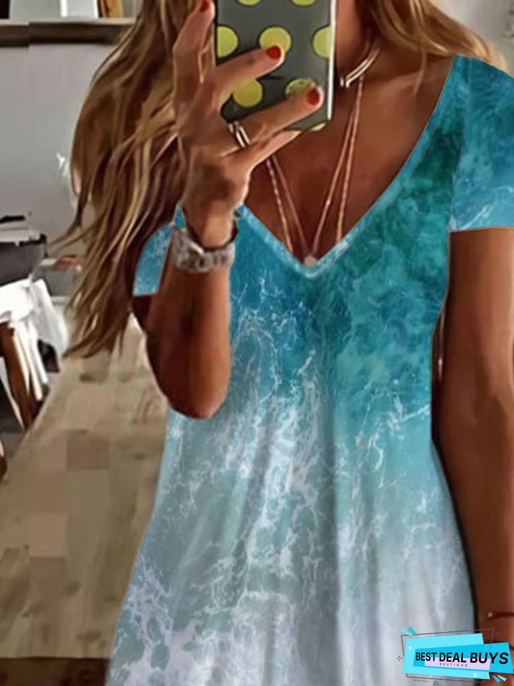 Sea Gradient Painted V-Neck Short Sleeve Casual Dress