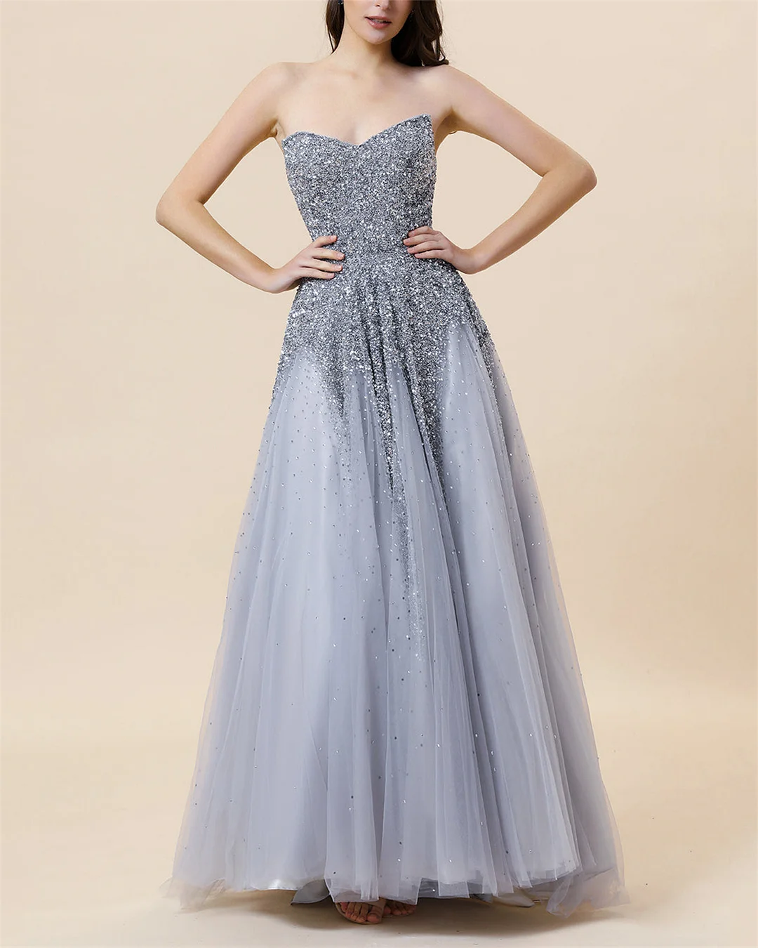 Women's Blue Strapless Sequined Mesh Dress