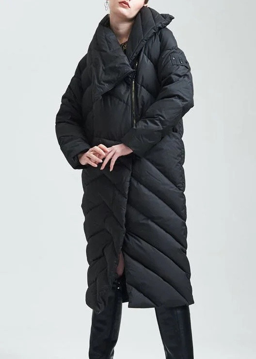 Italian Black Asymmetrical Zippered Duck Down Coat Winter