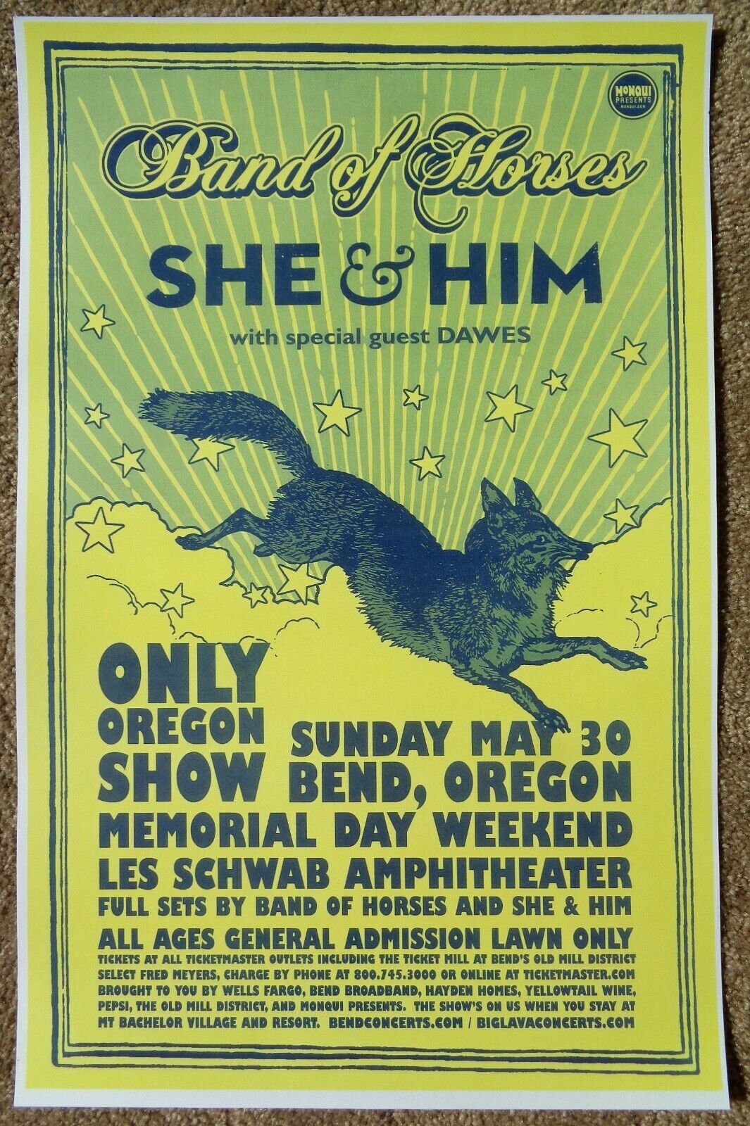 BAND OF HORSES / SHE & HIM 2010 Gig POSTER Bend Oregon Concert