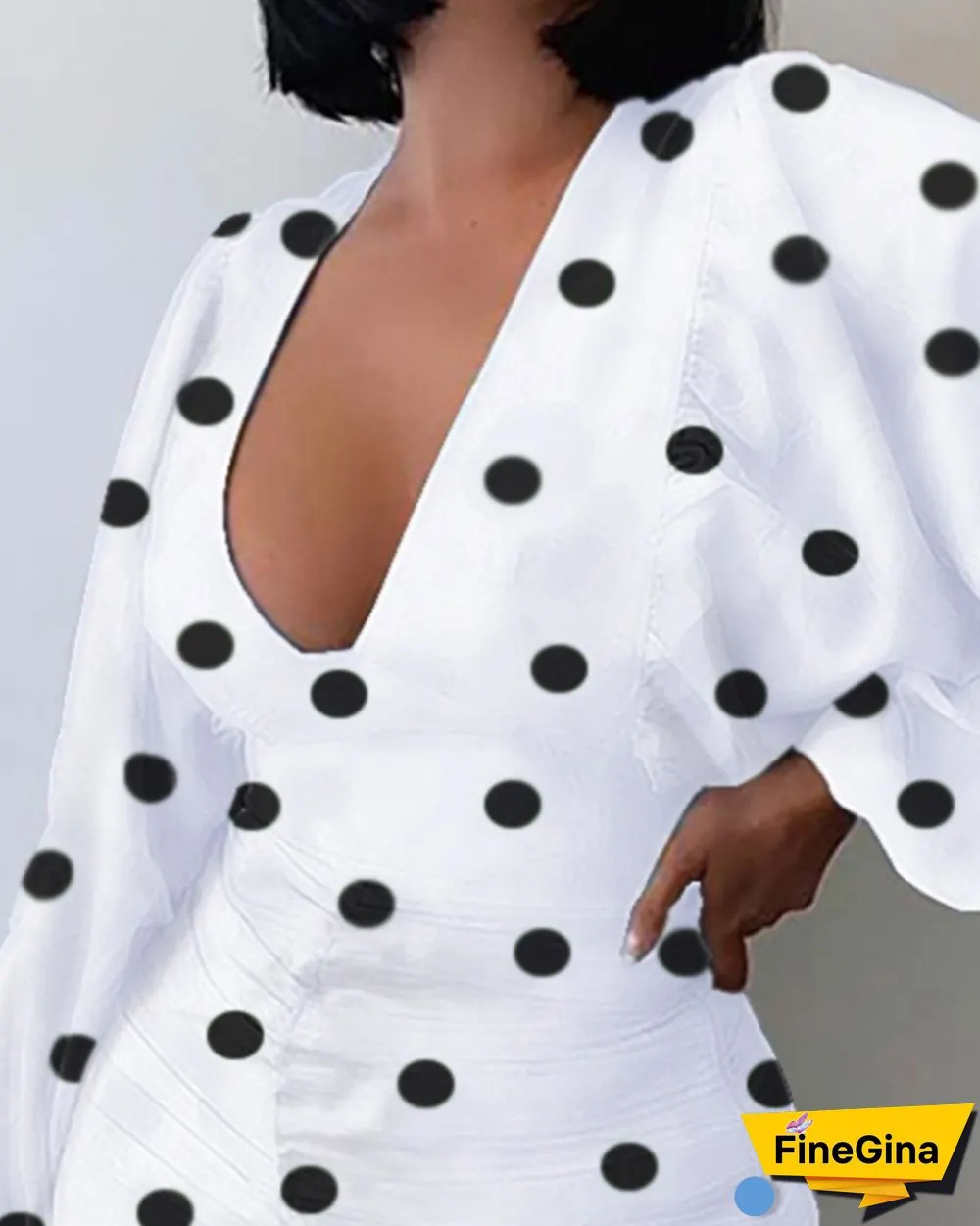 Polkadot Print Lantern Sleeve Ruched Dress