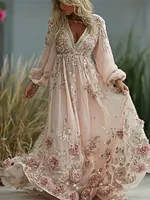 Women's Vintage Pink Rose Embroidered Art V-neck Midi Dress