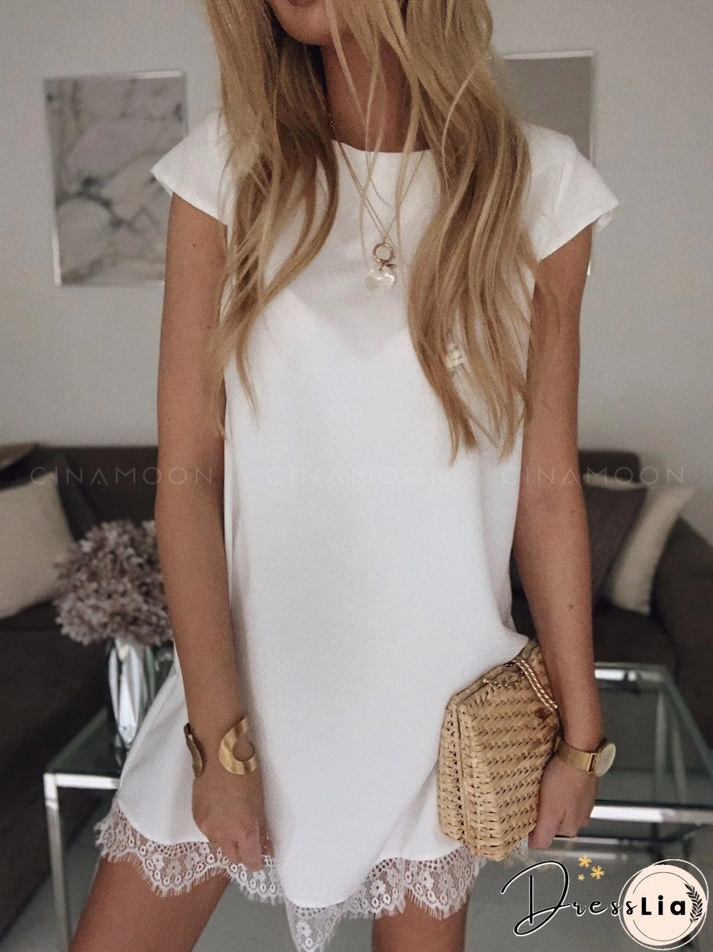 Summer Short Sleeve Loose Round Neck Solid Color Hem Lace Polo Shirt Women White Shirt Women Blusas Mujer
