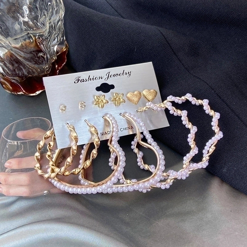 Geometric Plating Alloy Pearl Hoop Earrings