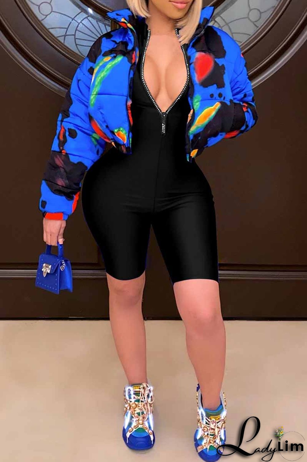 Royal Blue Fashion Casual Solid Basic Zipper Collar Skinny Romper