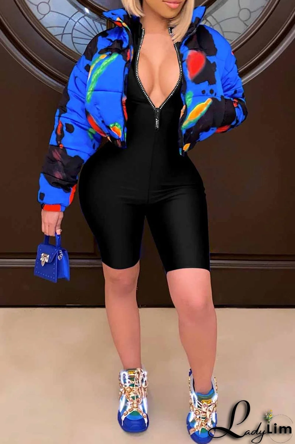 Royal Blue Fashion Casual Solid Basic Zipper Collar Skinny Romper