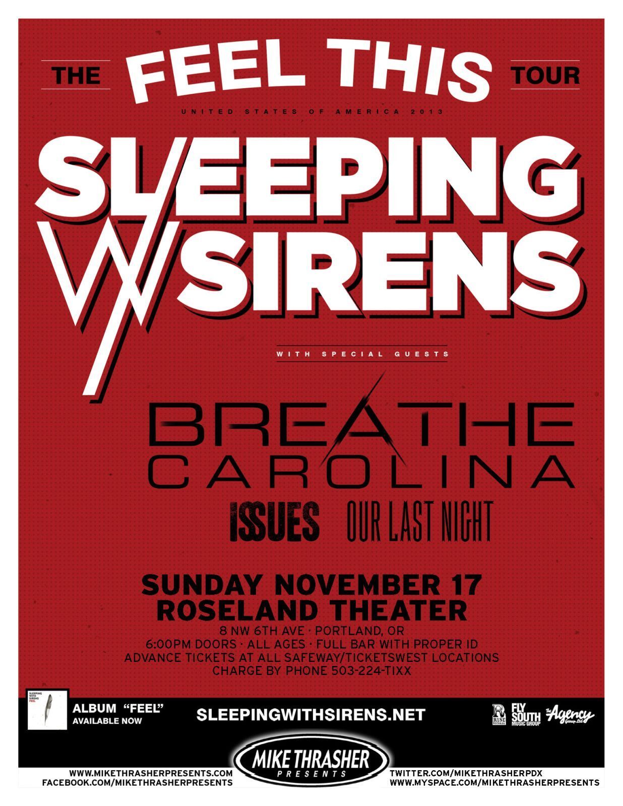 SLEEPING WITH SIRENS 2013 Gig POSTER Portland Oregon Concert