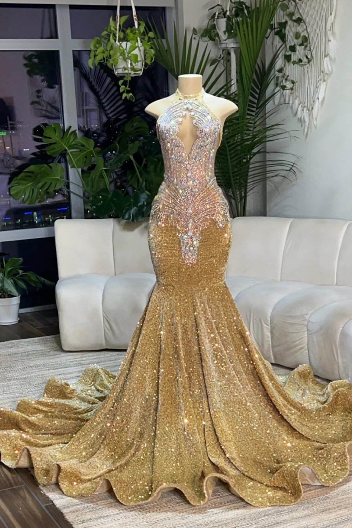 Lisliy Gold Sleeveless Halter Strap Keyhole Beadeds Embroidered Mermaid Prom Dress