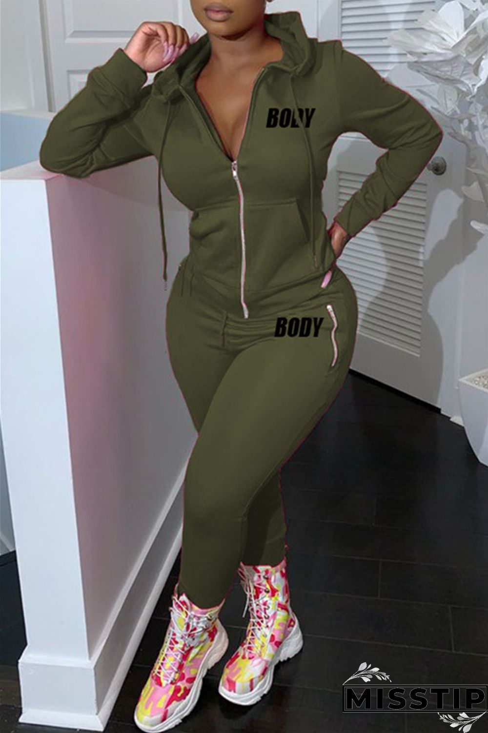 Army Green Fashion Casual Letter Print Solid Color Hooded Collar Long Sleeve Two Pieces