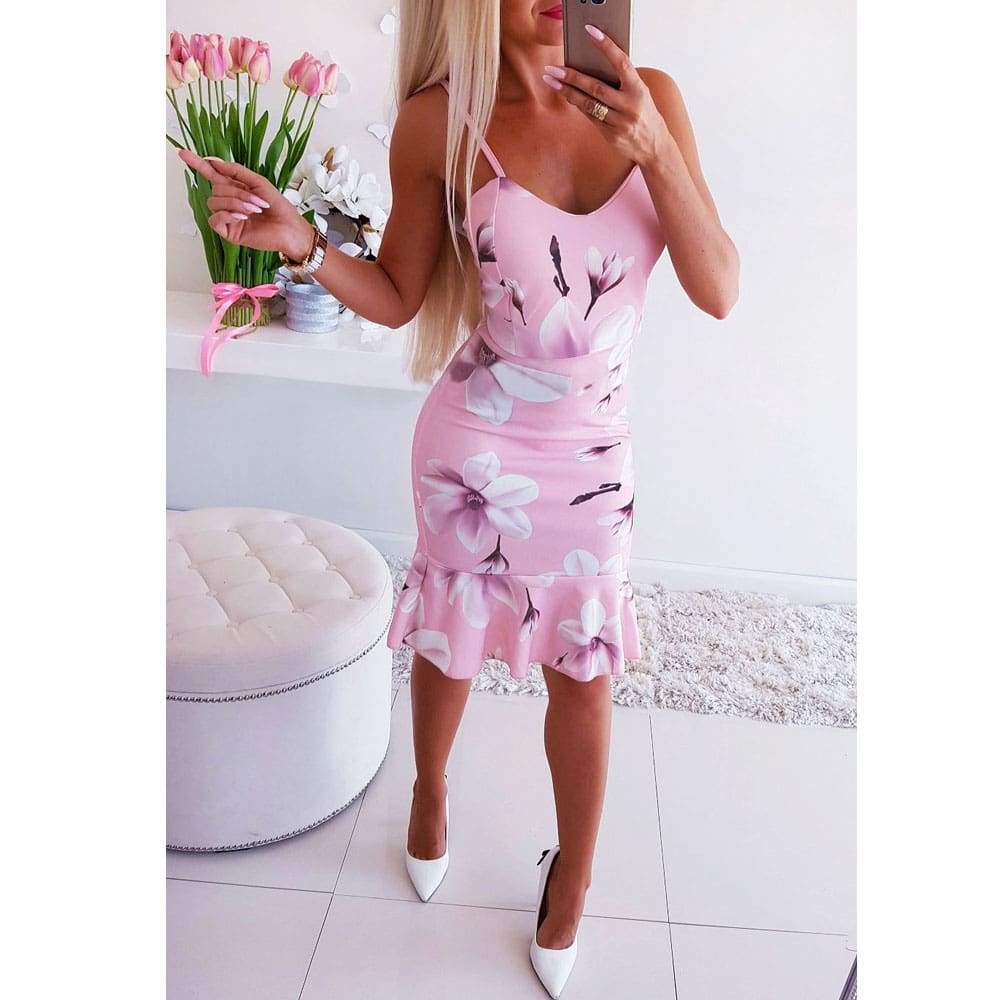 Women Floral Print Strappy Midi Party Dress Ladies Slim Bandage Bodycon Summer Holiday Side Suspender Dress Sundress