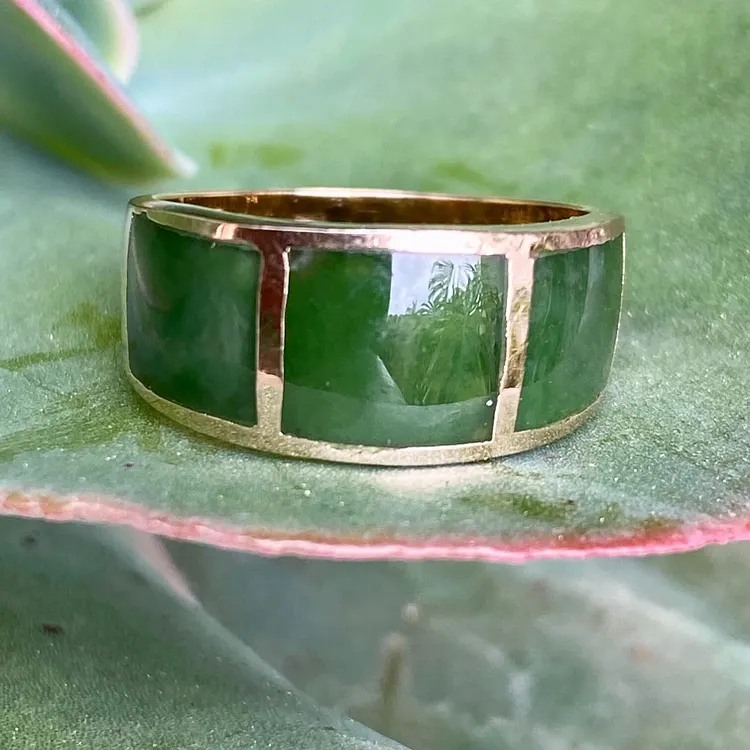 Gold Over Sterling Silver Band Ring Inlay Set with Green Jade Size 6