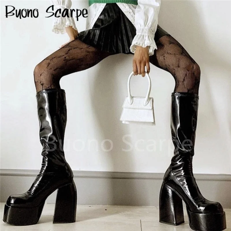 Punk Style Platform Boots Elastic Microfiber Shoes Woman Spice Ankle Boots High Heels Black Thick Platform Long Knee High Boots