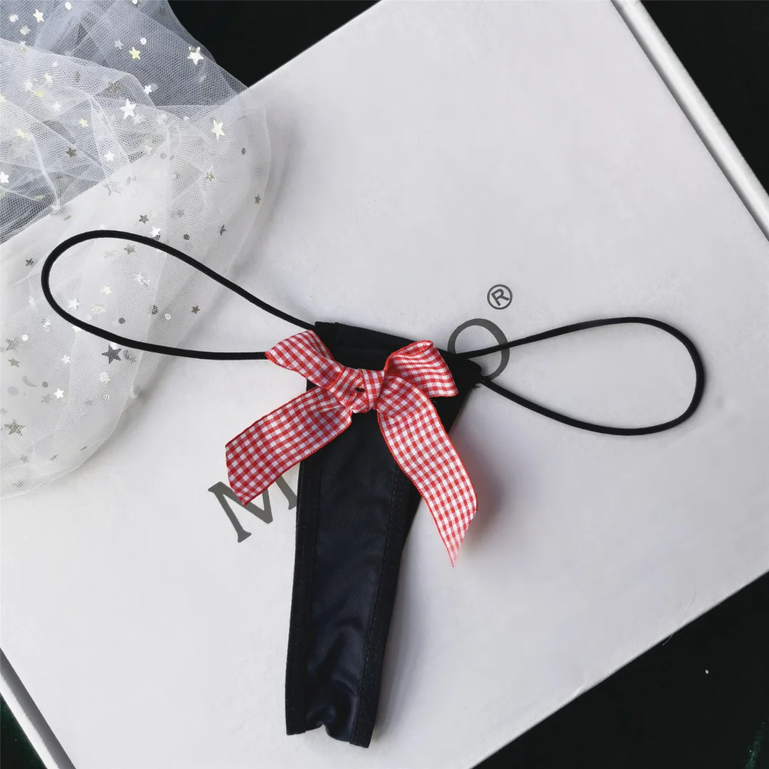 Billionm Sexy Plaid Big Bow Mini Bikini Girl Ice Silk Thong Thin Belt Cute Stretch Black and White Fashion Women Panties Underwear