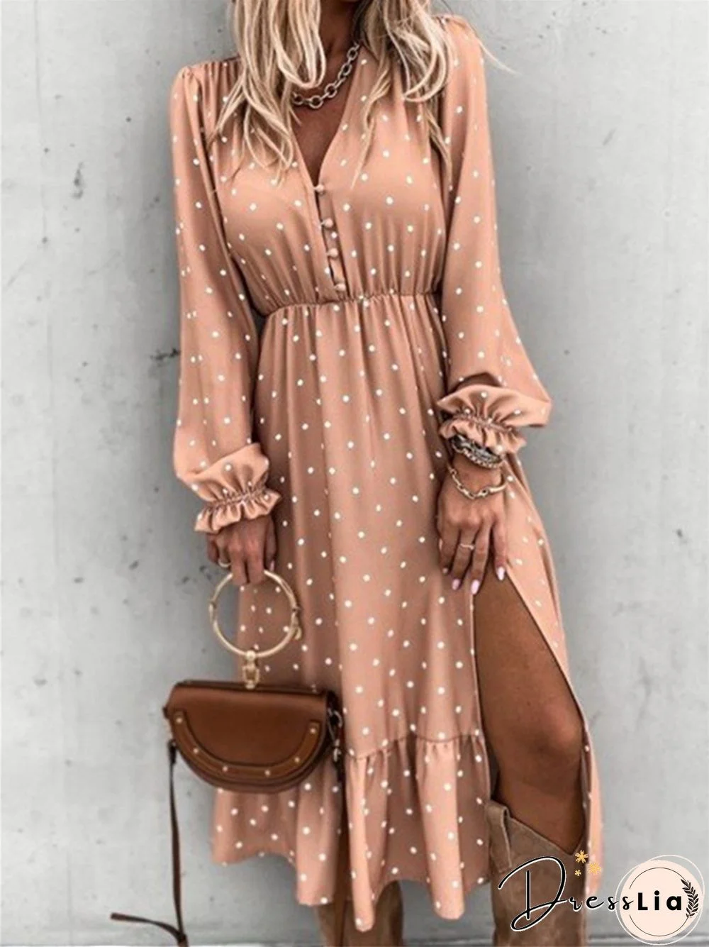 V-neck Polka-dot Print Long-sleeved Dress