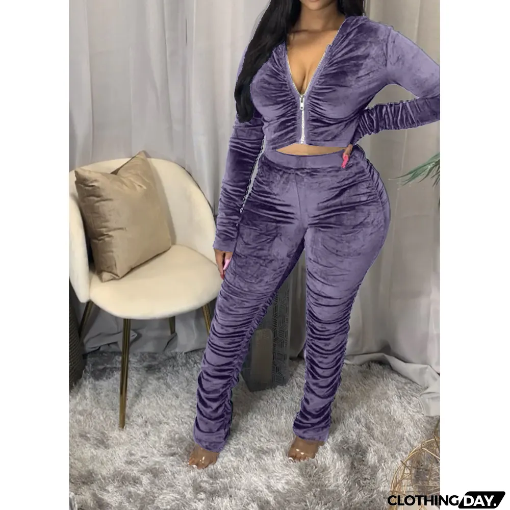 Velvet Pleated Zipper Hooded Jacket Skinny Pants Suit