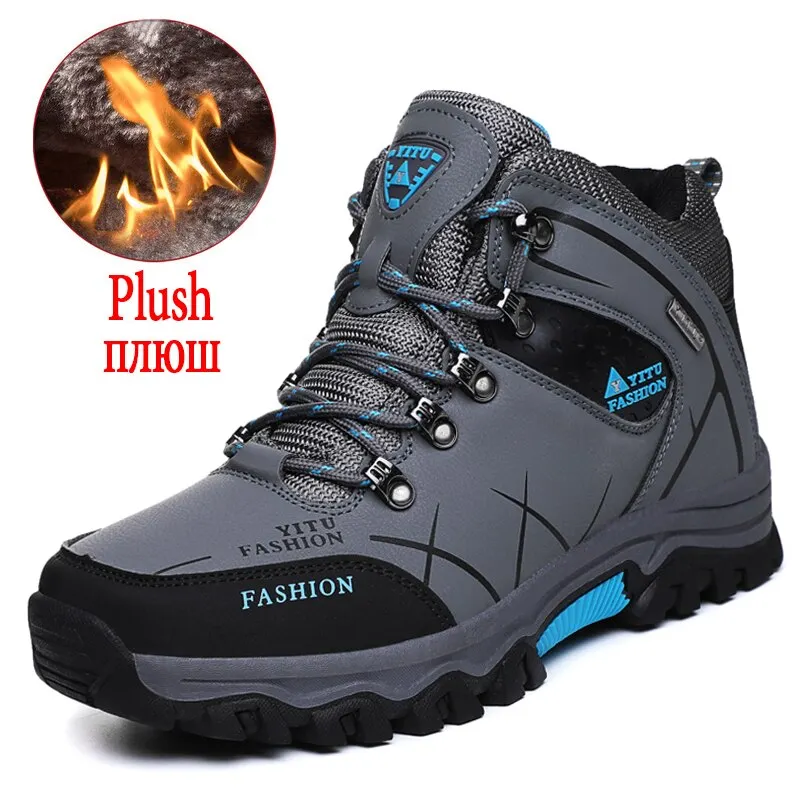 Brand Men's Snow Boots Winter Plush Warm Mens Ankle Boots Waterproof Leather Sneakers Outdoor Male Hiking Boots Work Shoes 39-47
