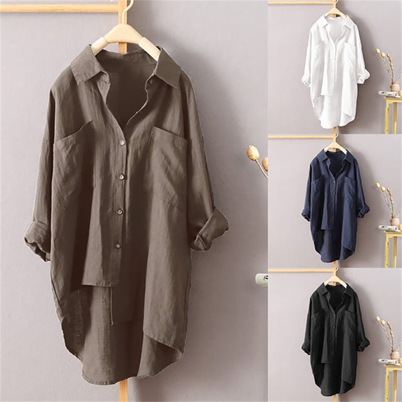 Solid Color Shirt Autumn Cotton Linen Cardigan Two-pocket Long-sleeved Top