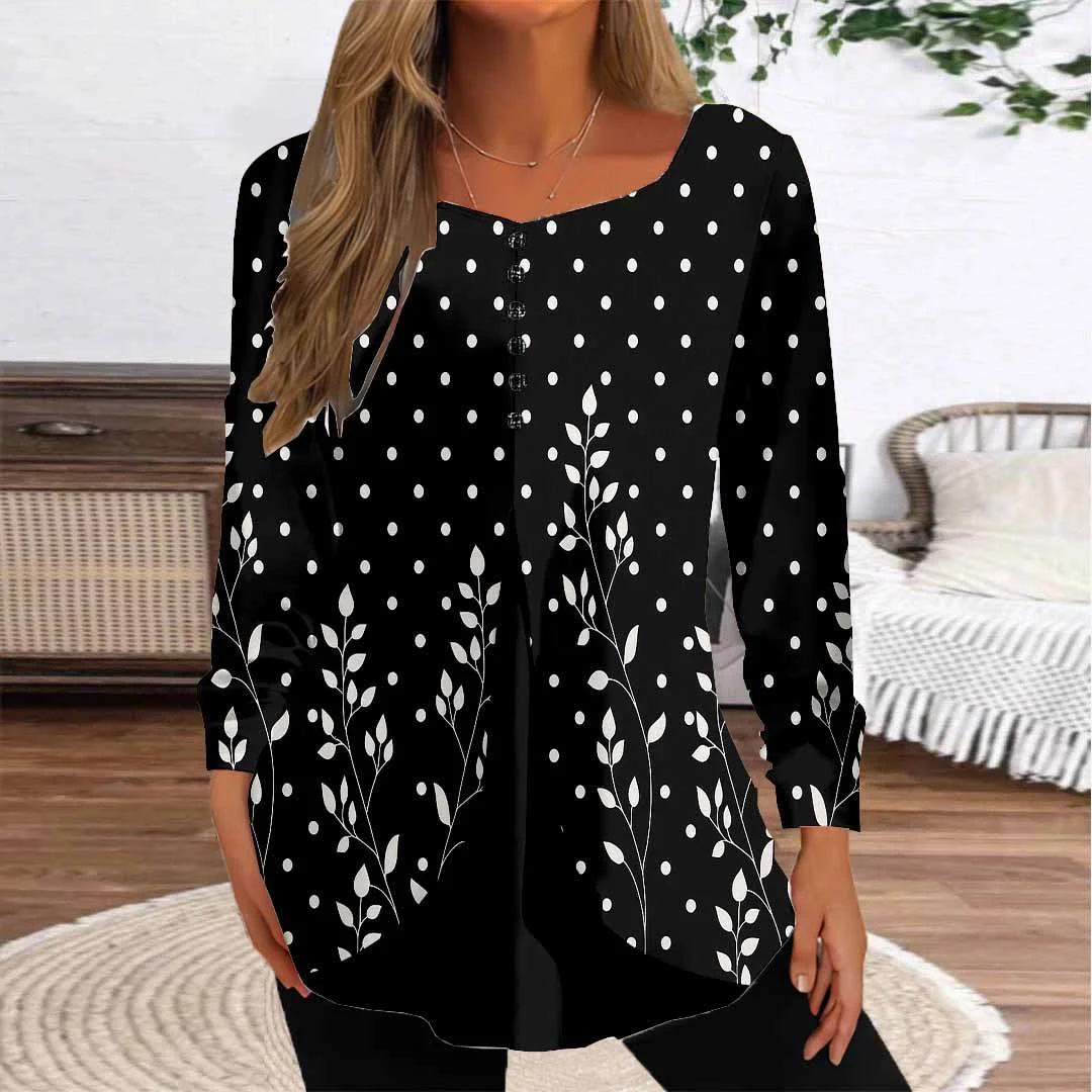 Women Floral,Polka Dot,Black DZGG8268 Long Sleeve Scoop Neck Printed Graphic Button Fake 2in1 Tops