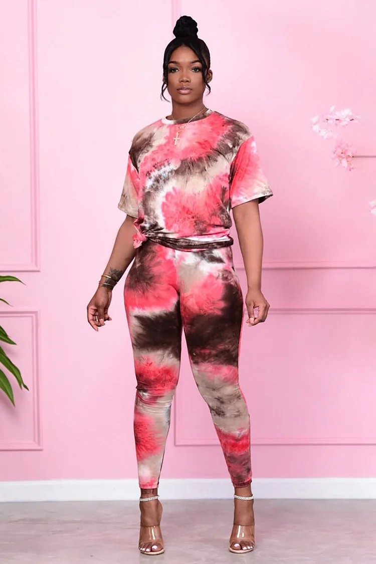 Tie Dye Print Short Sleeve T-shirt Leggings Matching Set-Pink