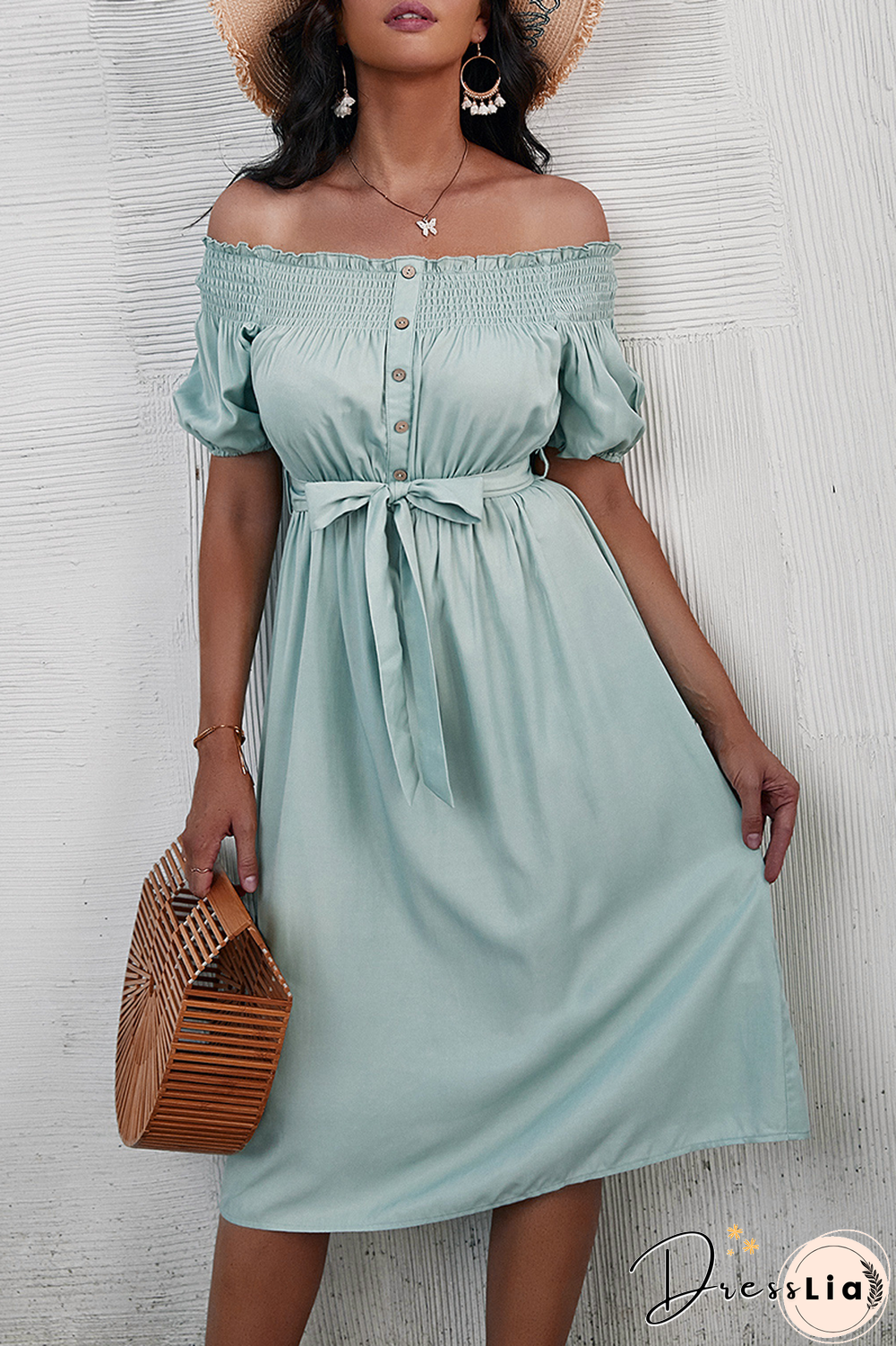 Fashion Elegant Solid Buckle With Belt Off The Shoulder A Line Dresses