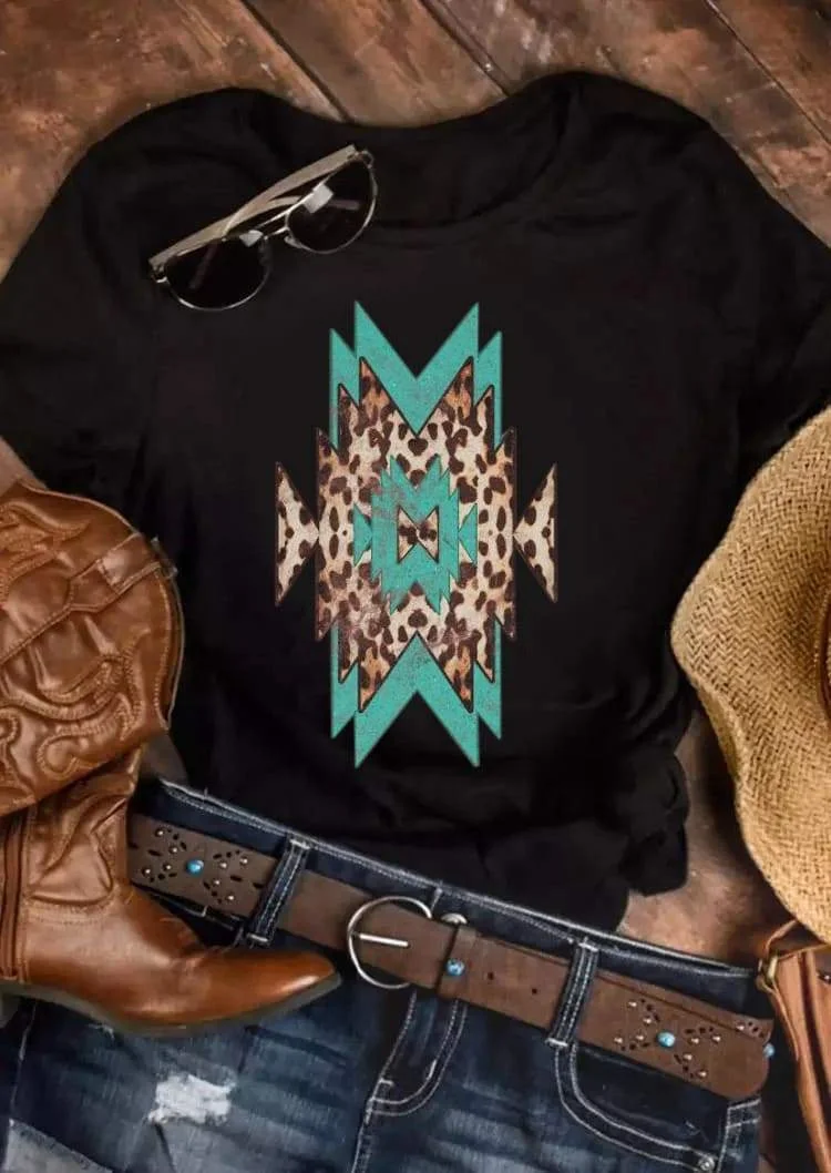 Western Turquoise Leopard Vintage Print Tee