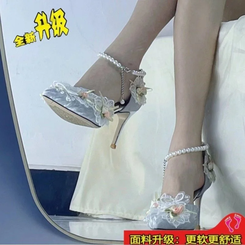 Breakj Breakj Small Fragrant Wind Tip High Heels Women 2025 Spring And Summer Lace Flowers Fine Heel Wedding Shoes Pearl Chain Single Shoes