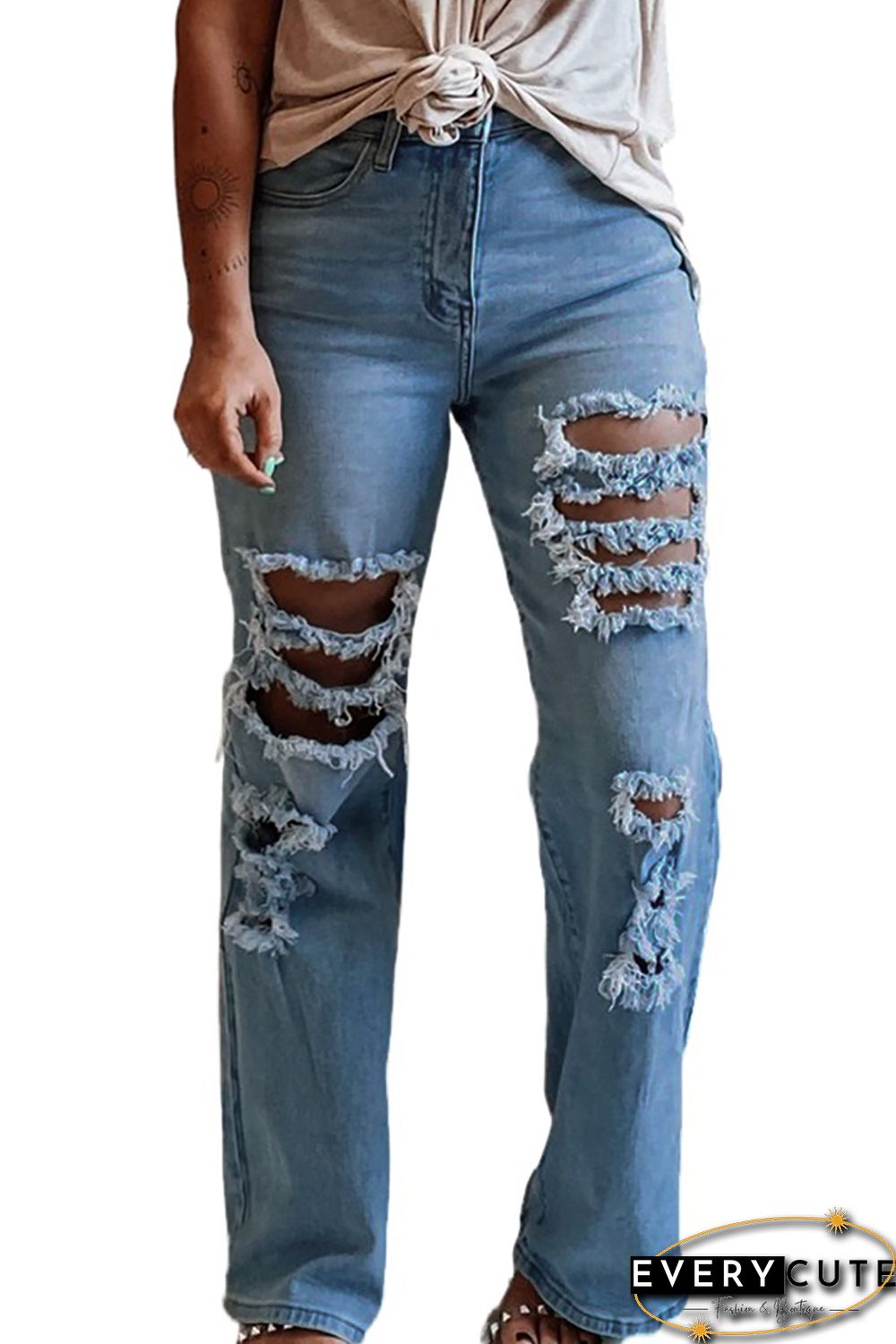 High Waist Ripped Flare Leg Jeans