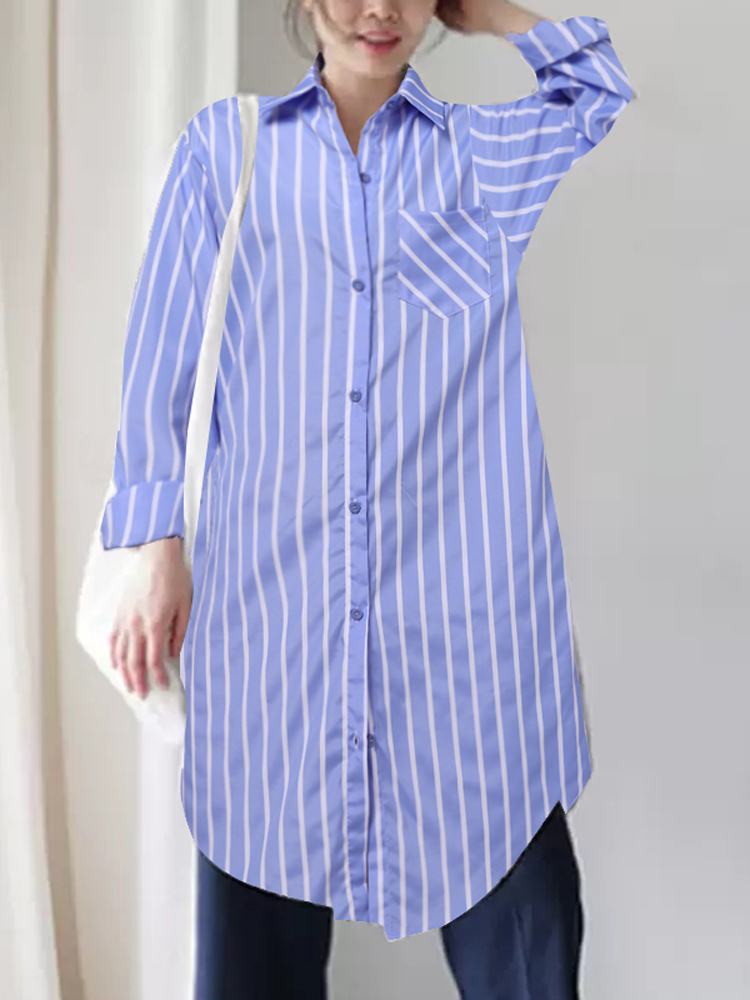 ZANZEA Women Long Shirt  Autumn Long Sleeve Blouse Vintage Stripe Print Pocket Tops Casual Loose Lapel Collar Tunics