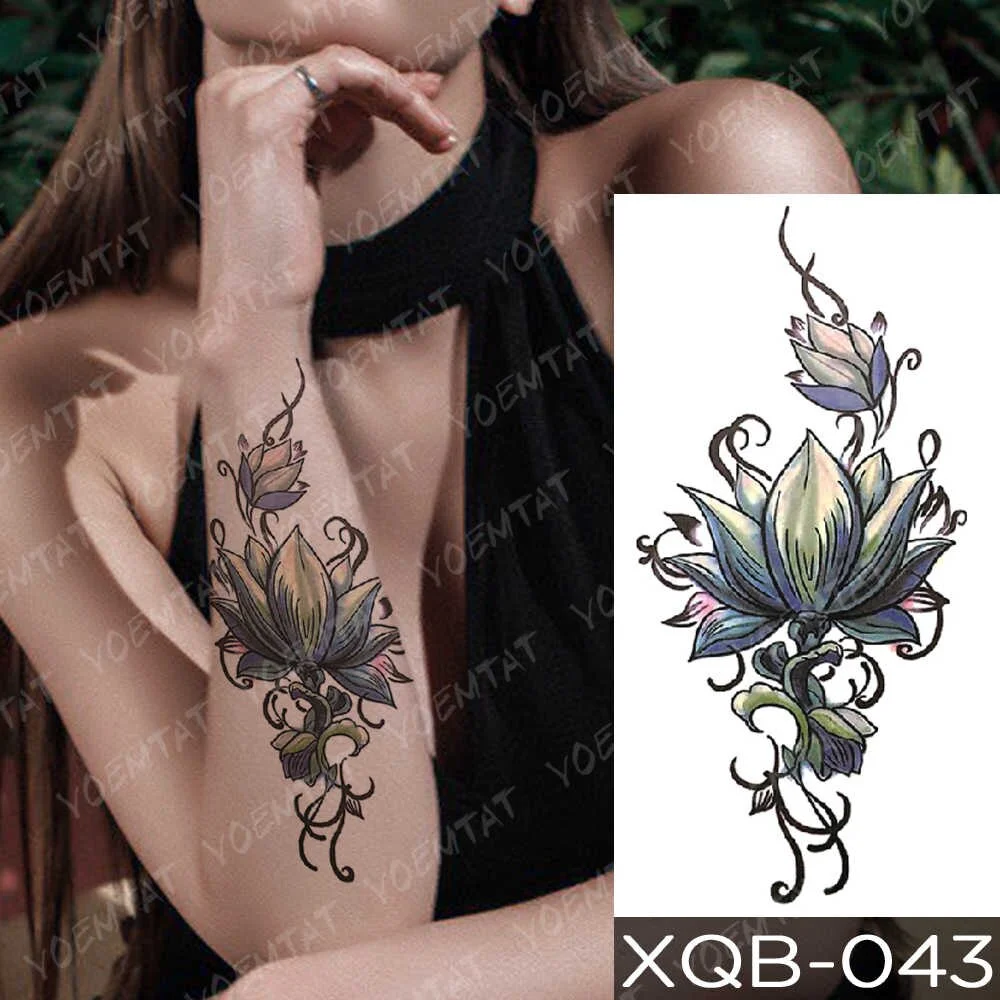 Waterproof Temporary Tattoo Sticker Purple Pink Lotus Flash Tattoos Flowers Rose Lace Totem Body Art Arm Fake Tatoo Women Men