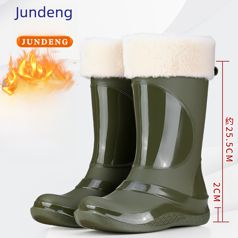 Mid-calf Waterproof Anti-slip Work Shoes Women Fashionable Outdoor Simple Thick Velvet Ladies Rain Boots Pure Color Low Heels Boots