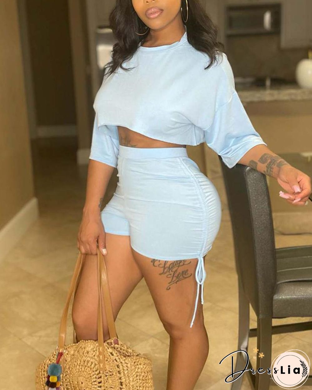 Solid Color Drop Shoulder Crop Top & Drawstring Ruched Shorts Set