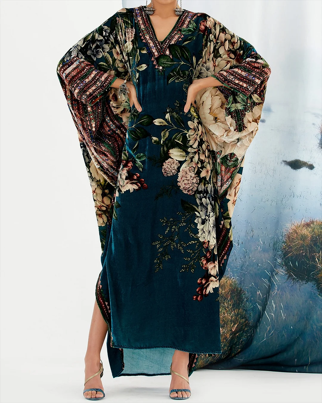 Women's V-Neck Printed Kaftan Velvet Dress