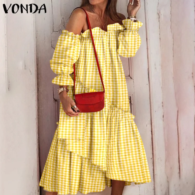 2022 VONDA Summer Sexy Off Shoulder Dress Women Long Sleeve Irregular Hem Lace Pleated Midi Sundress Bohemian Party Beach Robe