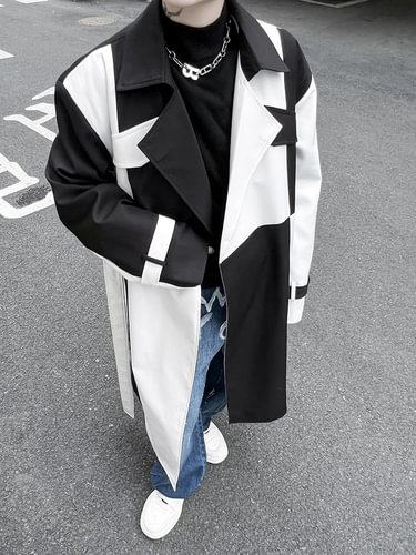 Dawfashion-Black and White Stitching Troubled Trench Jacket-Yamamoto Diablo Clothing