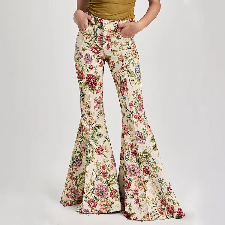 Everyday Floral Plant Pattern High Waist Bell Bottom Pants