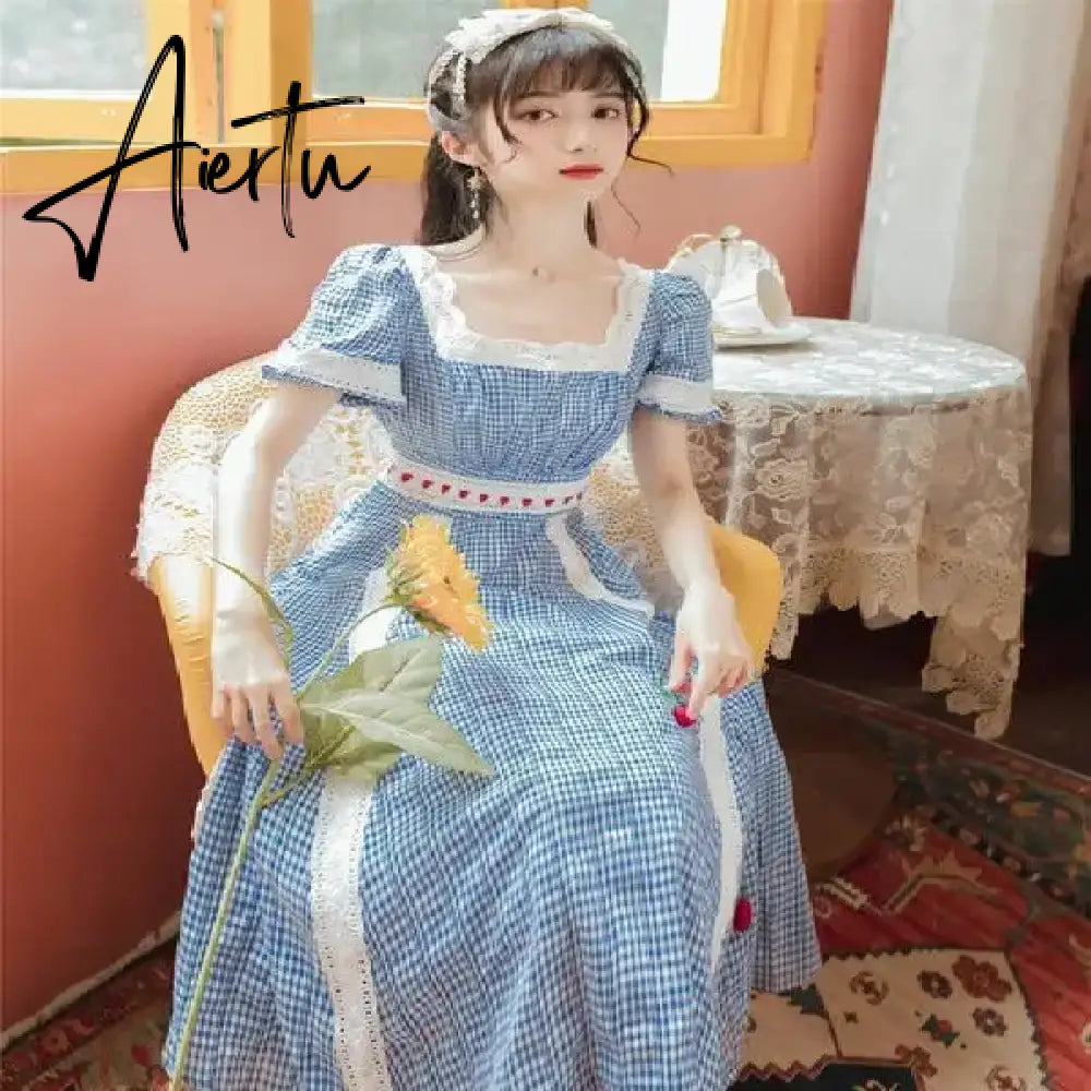 Aiertu French Style Dress Women Sweet Fresh Retro Dress Vintage Korean Style A-Line Slim Fit Summer Elegant Plaid Dress for Women Aiertu