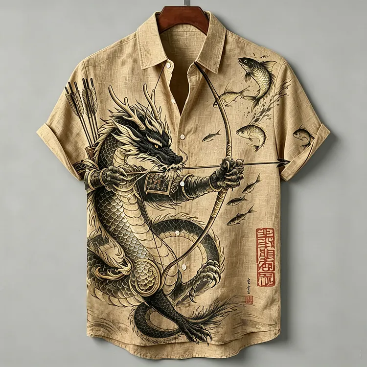Men's Vintage Dragons With Kyudo Japanese Art Casual Shirt