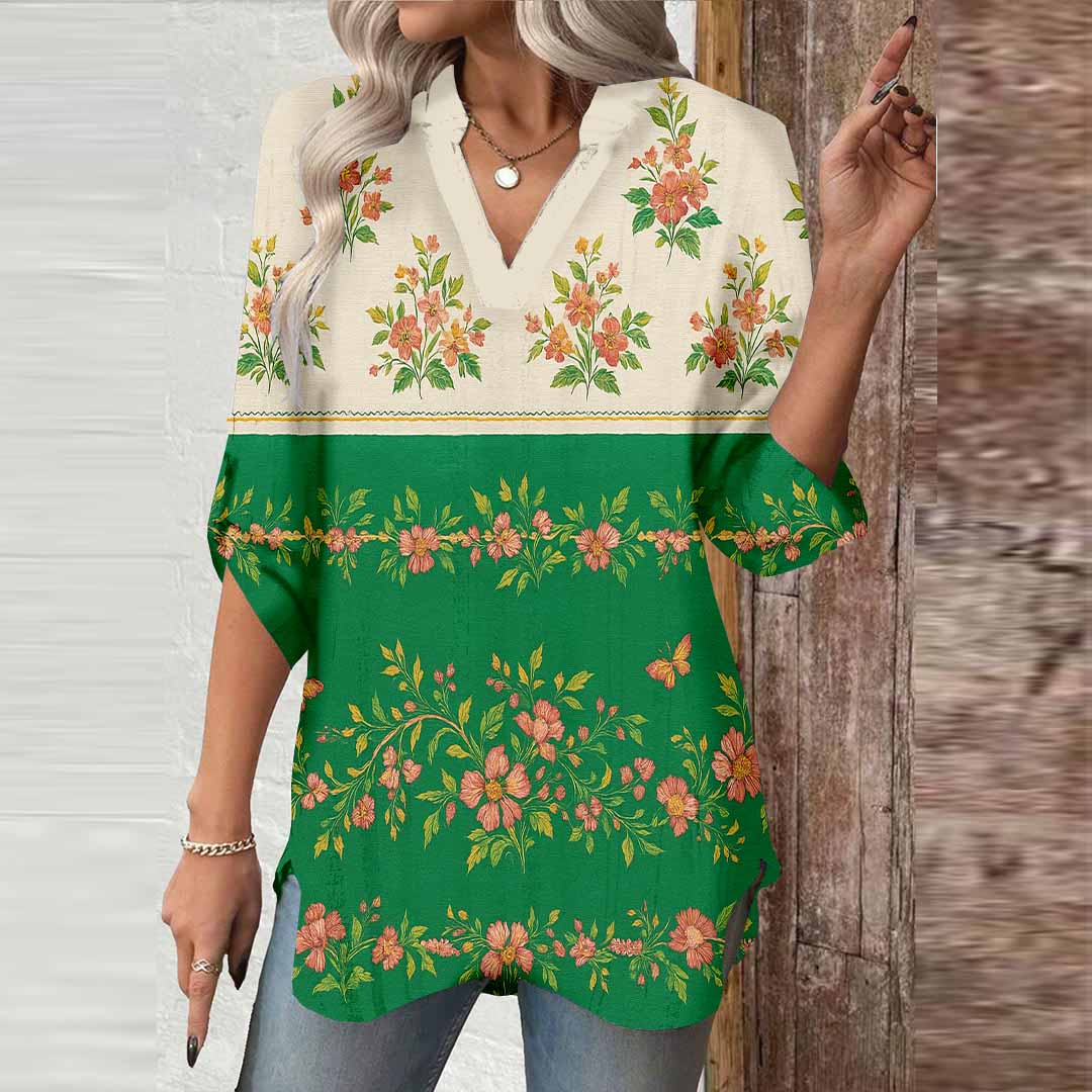 Women Leaves, Green, Red DZGA0171 3/4 Sleeve V-neck Printed Graphic Button Tops