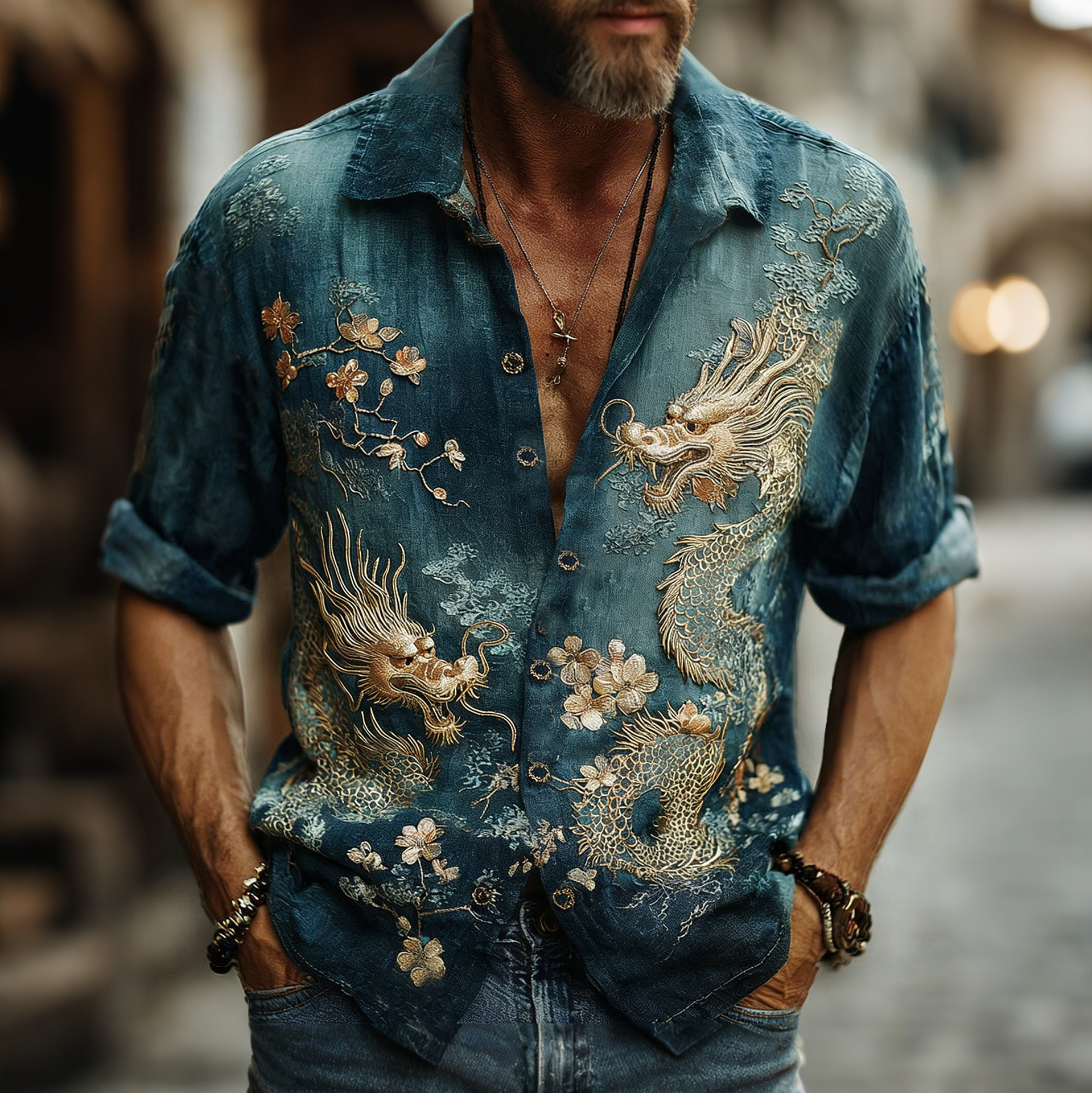 Men's Japanese Dragon & Apricot Blossom Art Linen Shirt elevenforest