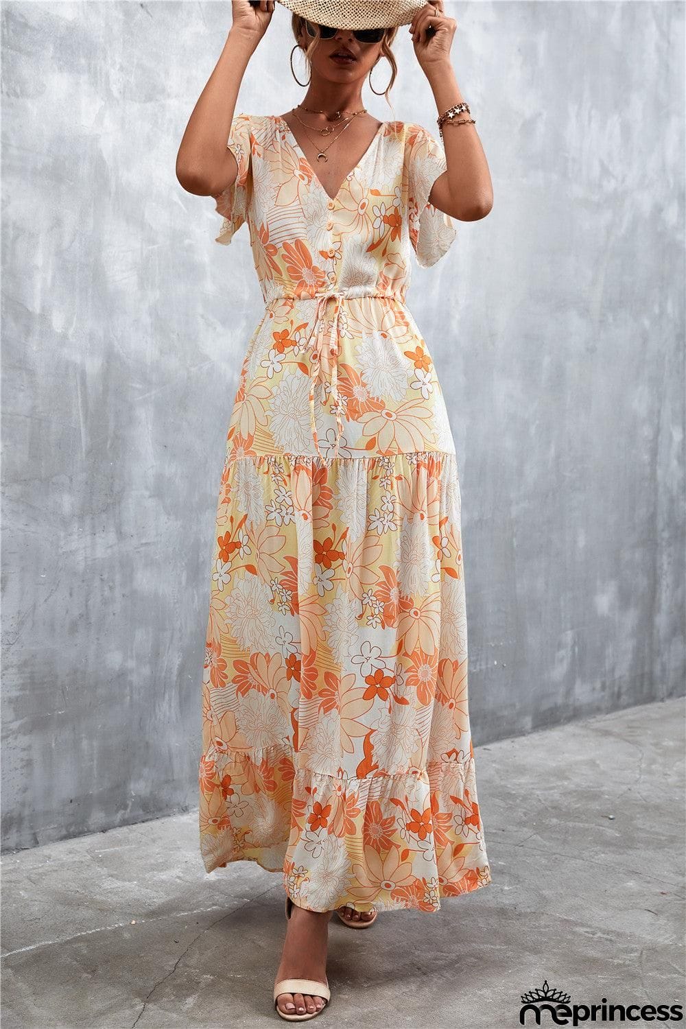 Floral Buttoned Drawstring Waist Tiered Dress