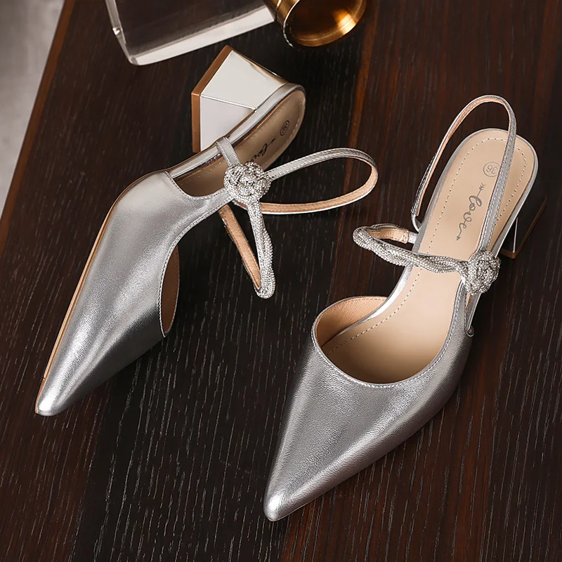 Tanguoant Tanguoant 2024 New Lady New Chinese Style Temperament Versatile Shallow Mouth Single Shoes Tip Pure Color Thick Heel Women's Shoes Silver