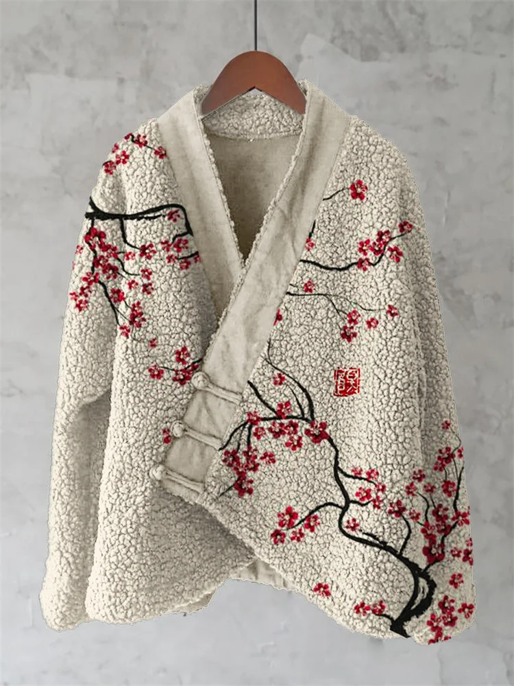 Plum Blossom Japanese Brush Art Cozy Fleece Kimono Cardigan