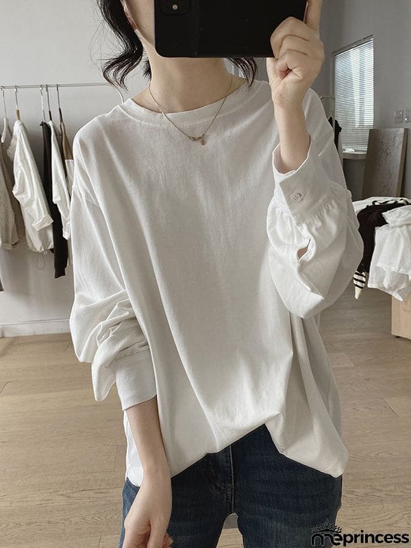 Long Sleeves Loose Solid Color Round-Neck T-Shirts Tops