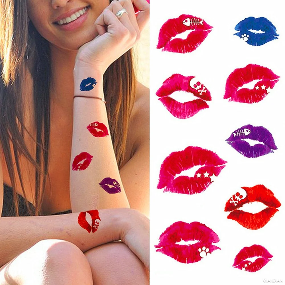 Watercolor Arm Letter Temporary Tattoos Sleeve English Word Lip Print Feather Decorate Realistic Fake Body Women Totem Sticker