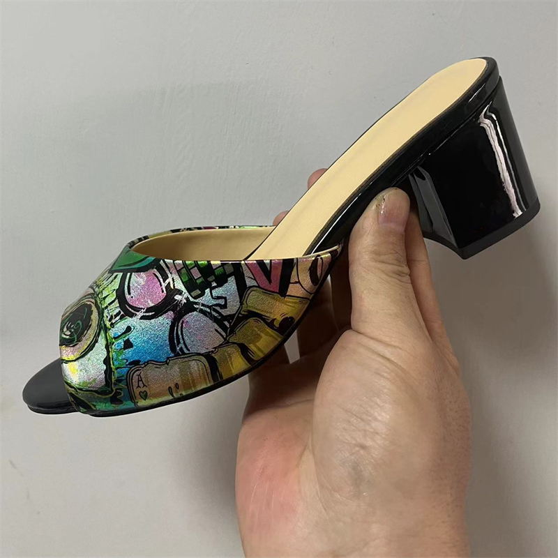 Colorful Print Genuine Leather Mules Concise Style Slingbacks Med Heel Slip-on Sandals