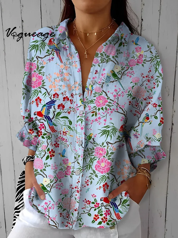 Gentle Elegant And Pleasing Flowers And Birds Printed Cotton And Linen Shirt