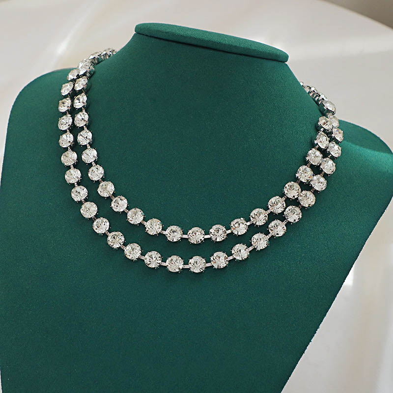 Banquet Stitching Round Bead Shiny Rhinestone Double Layer Necklaces