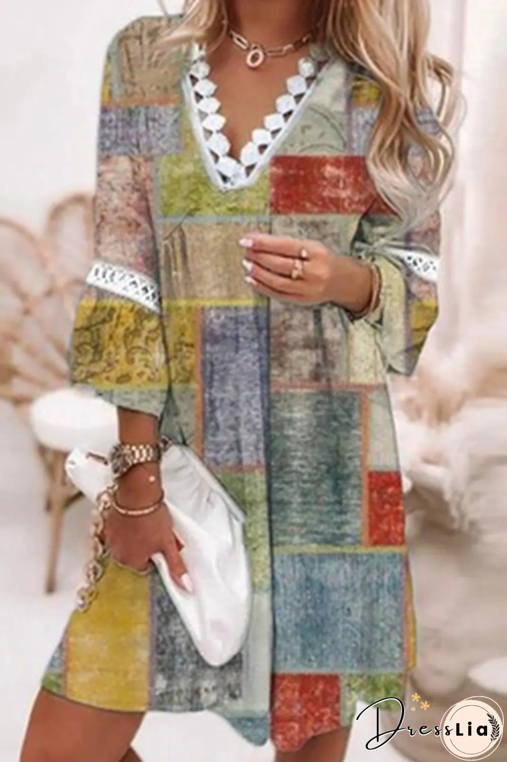 Casual Print Split Joint V Neck Straight Dresses(6 Colors)