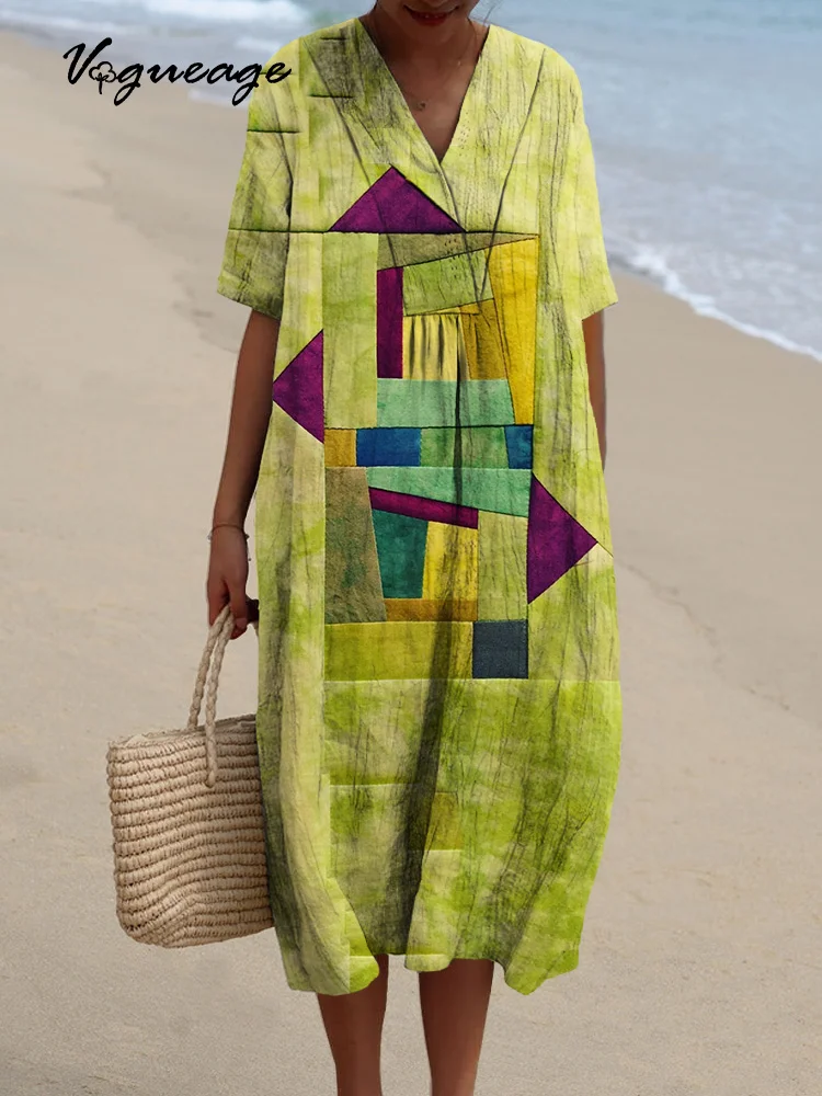 Simple Color Block Art Puzzle Printed Women's Casual Cotton And Linen Dress