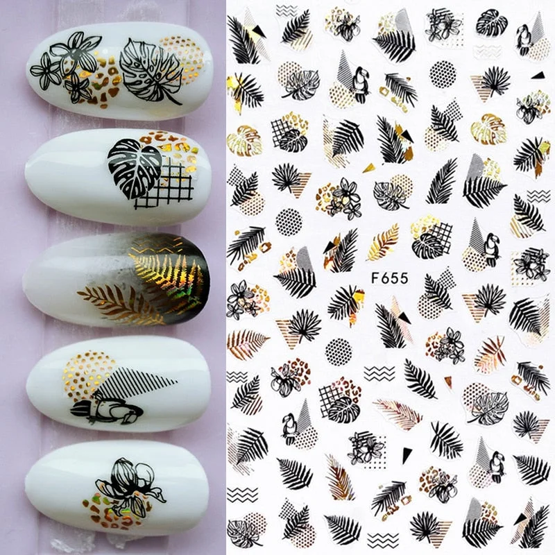 1 Sheet Leaf 3D Nail Art Stickers Summer Beach Adhesive Black White Slider Maple Leaves DIY Tip Decoration Decal